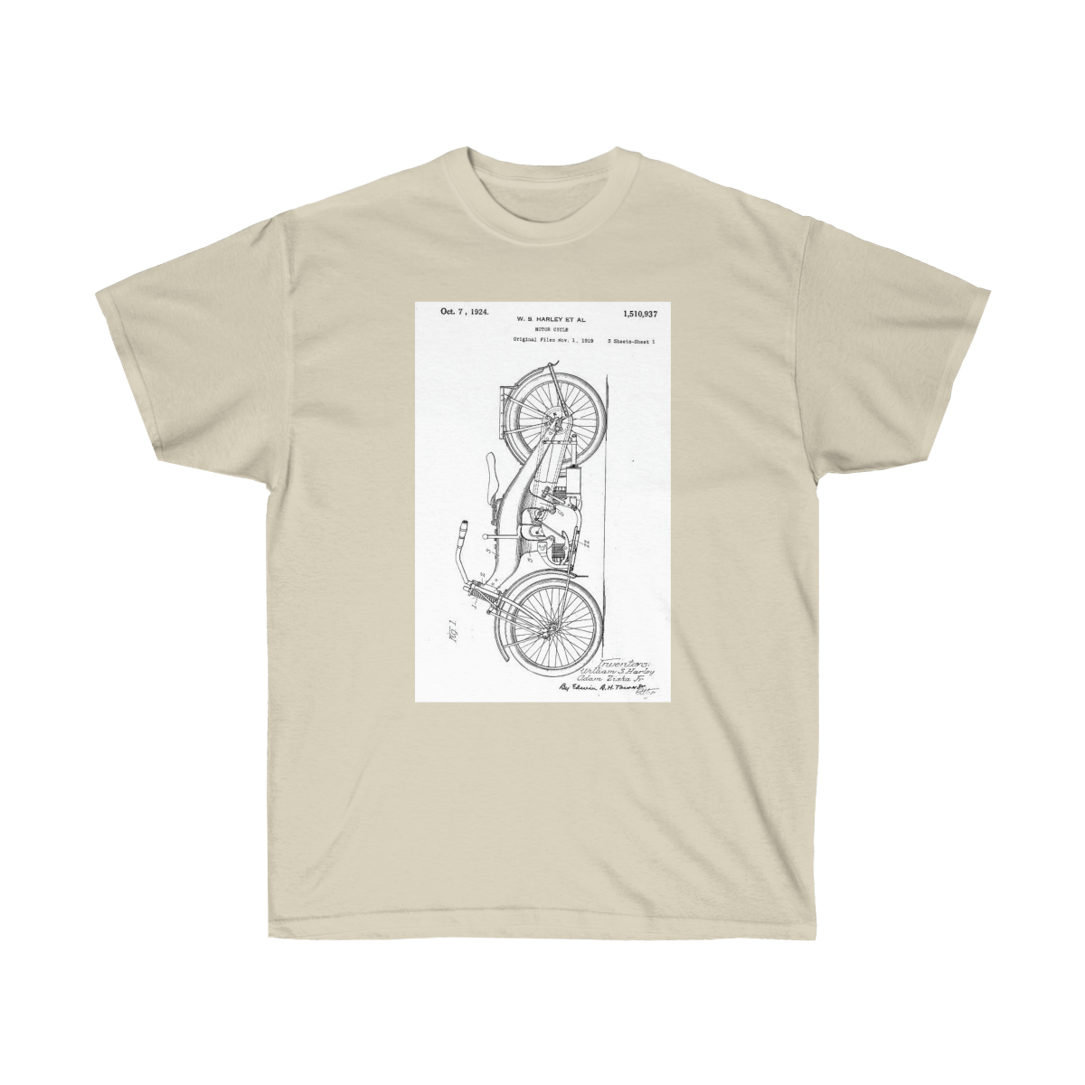 Harley Davidson Motorcycle Patent 1924 on a Unisex Ultra Cotton Tee - Image 5