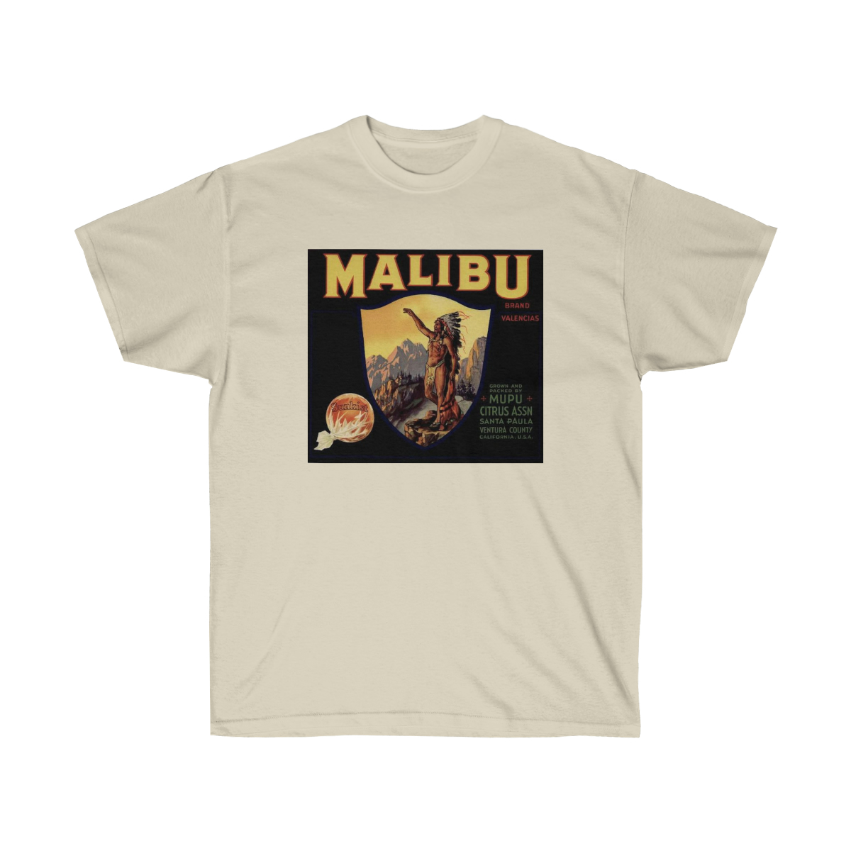 Malibu Brand Citrus Crate Label on a Unisex Ultra Cotton Tee - Image 5