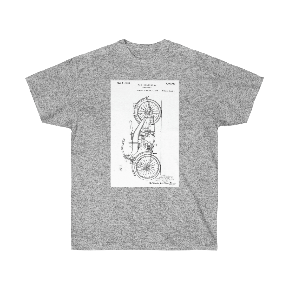 Harley Davidson Motorcycle Patent 1924 on a Unisex Ultra Cotton Tee - Image 7
