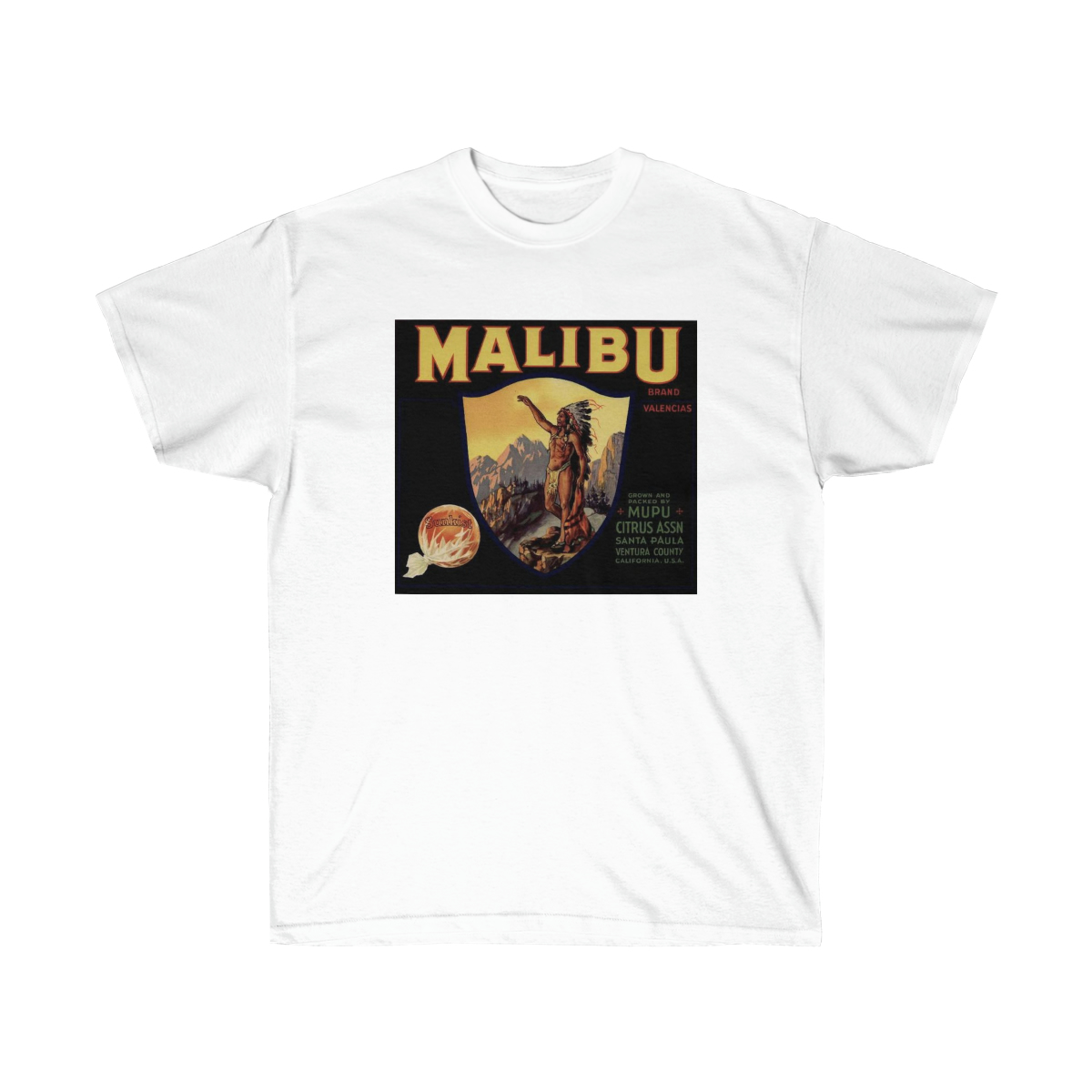 Malibu Brand Citrus Crate Label on a Unisex Ultra Cotton Tee