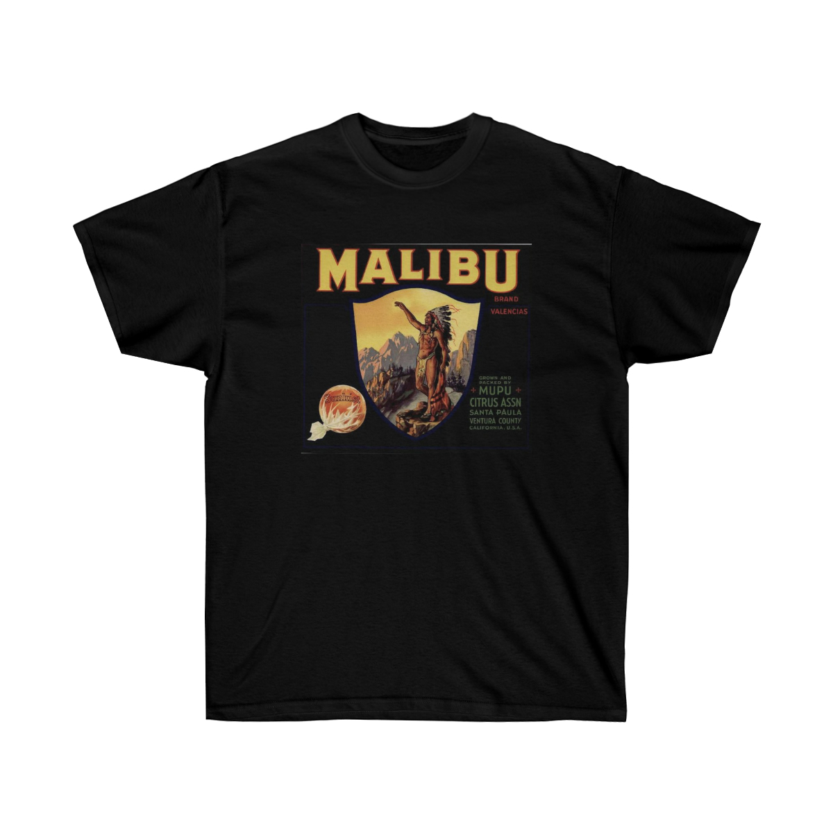 Malibu Brand Citrus Crate Label on a Unisex Ultra Cotton Tee - Image 3