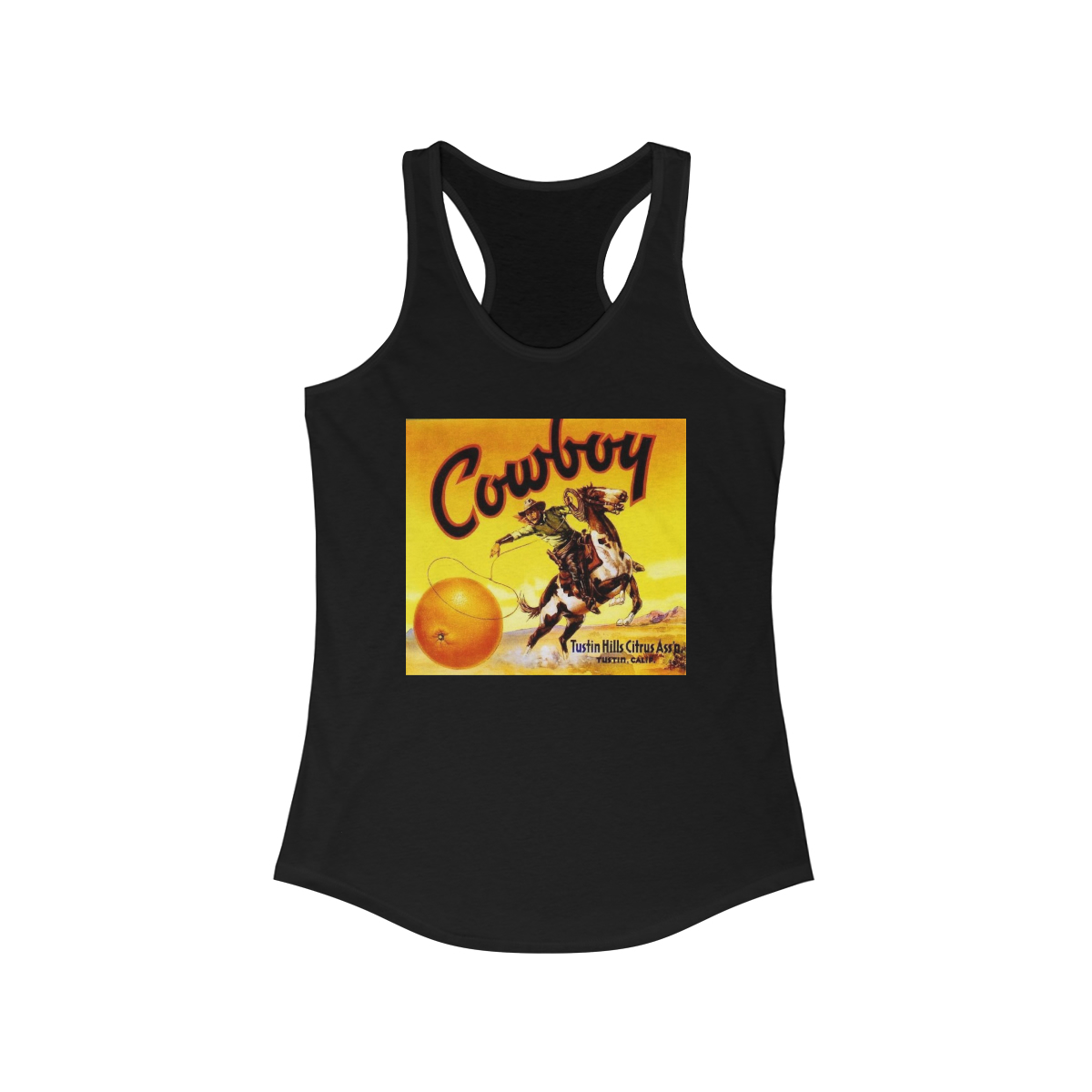 Cowboy Brand Vintage Orange Crate Label Printed on a Women's Ideal Racerback Tank