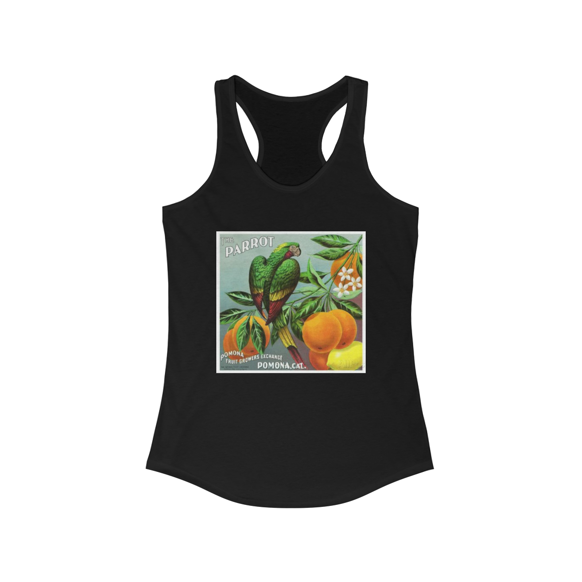 Parrot Brand Citrus Crate Label Printed on a Women's Ideal Racerback Tank - Image 2