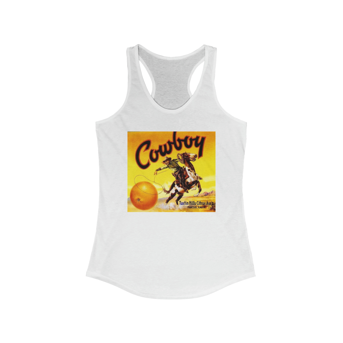 Cowboy Brand Vintage Orange Crate Label Printed on a Women's Ideal Racerback Tank - Image 2
