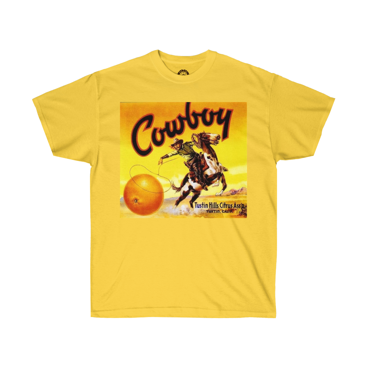 Cowboy Brand Vintage Orange Crate Label Printed on a Unisex Ultra Cotton Tee