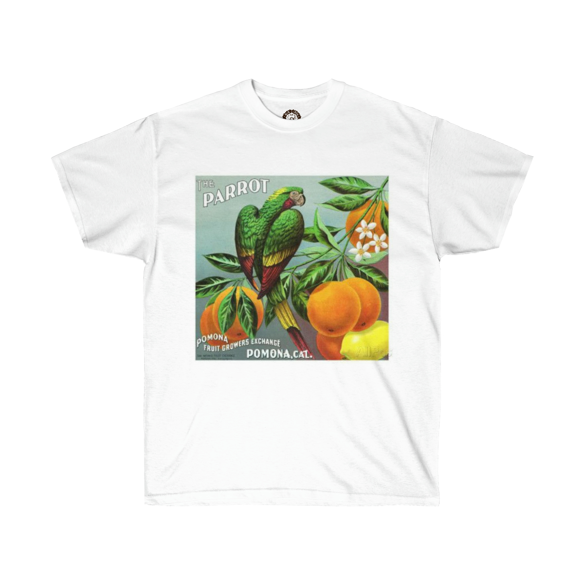 Parrot Brand Citrus Crate Label Printed on a Unisex Ultra Cotton Tee - Image 3