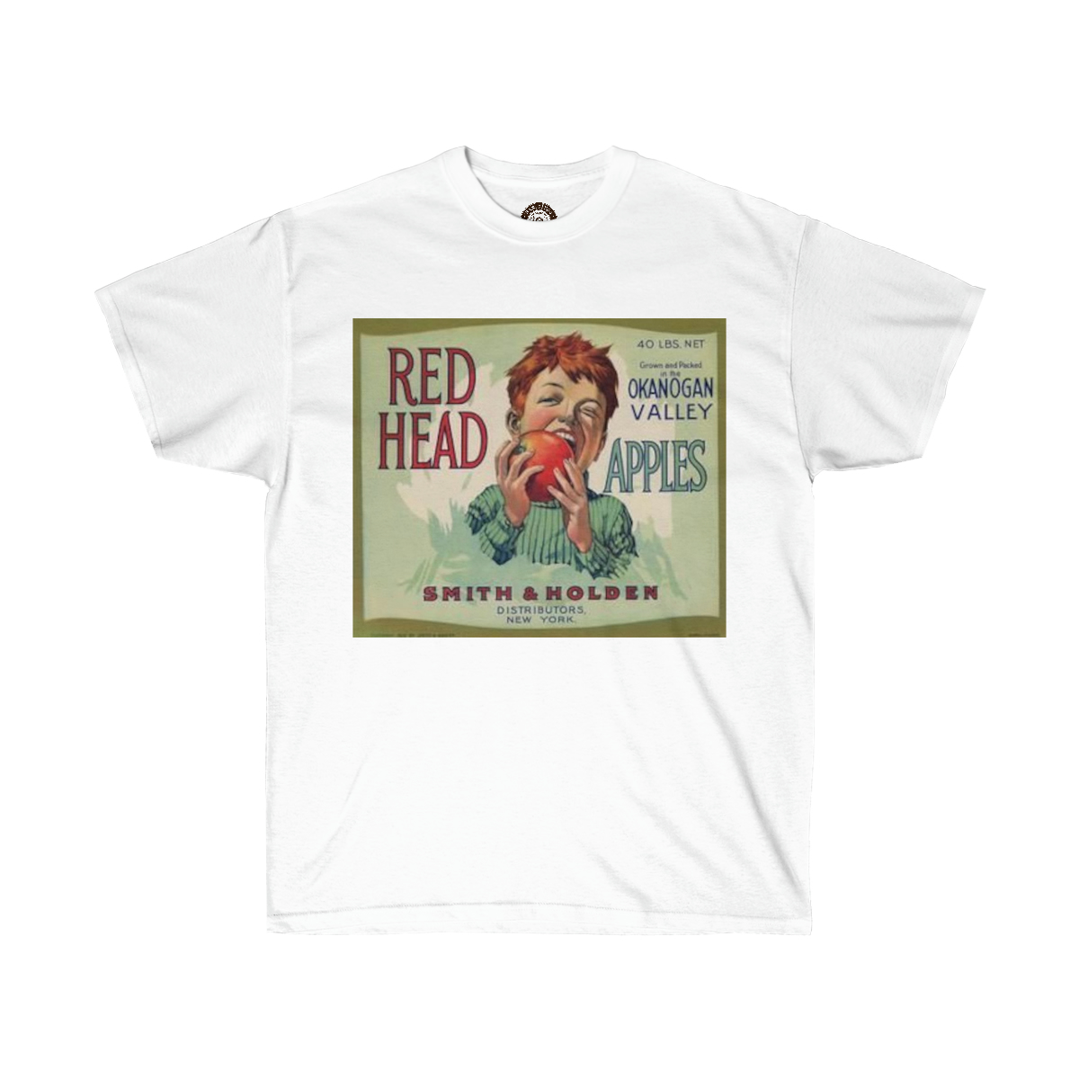 Red Head Brand Vintage Apple Crate Label Printed on a Unisex Ultra Cotton Tee