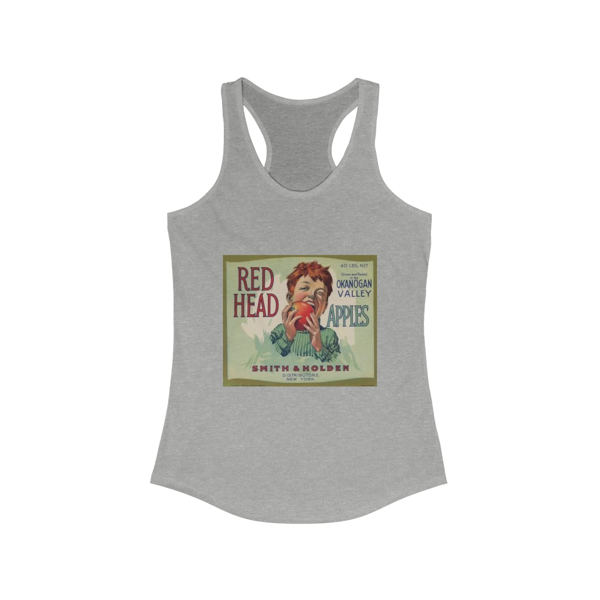 Red Head Brand Vintage Apple Crate Label Printed on a Women's Ideal Racerback Tank - Image 3