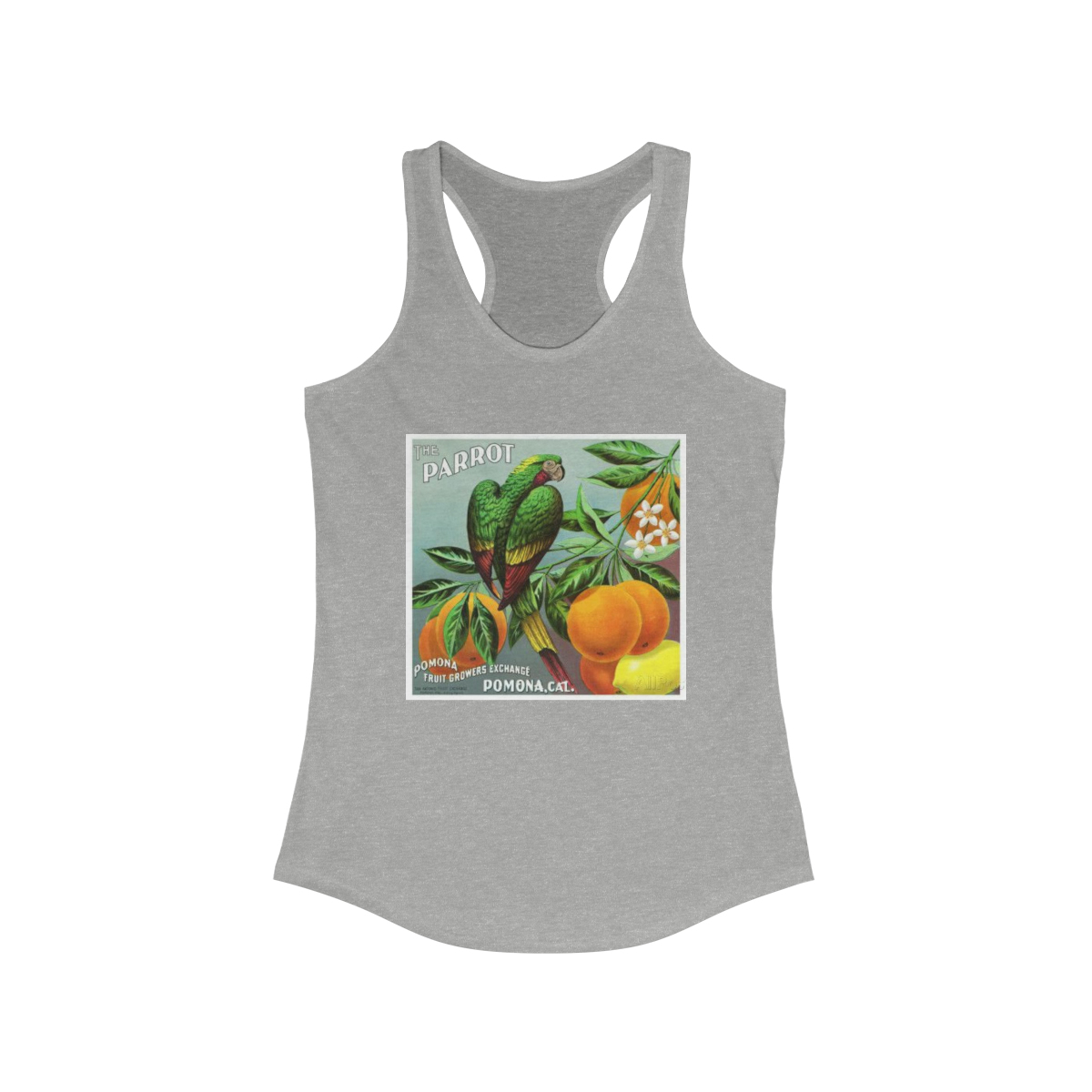 Parrot Brand Citrus Crate Label Printed on a Women's Ideal Racerback Tank - Image 3