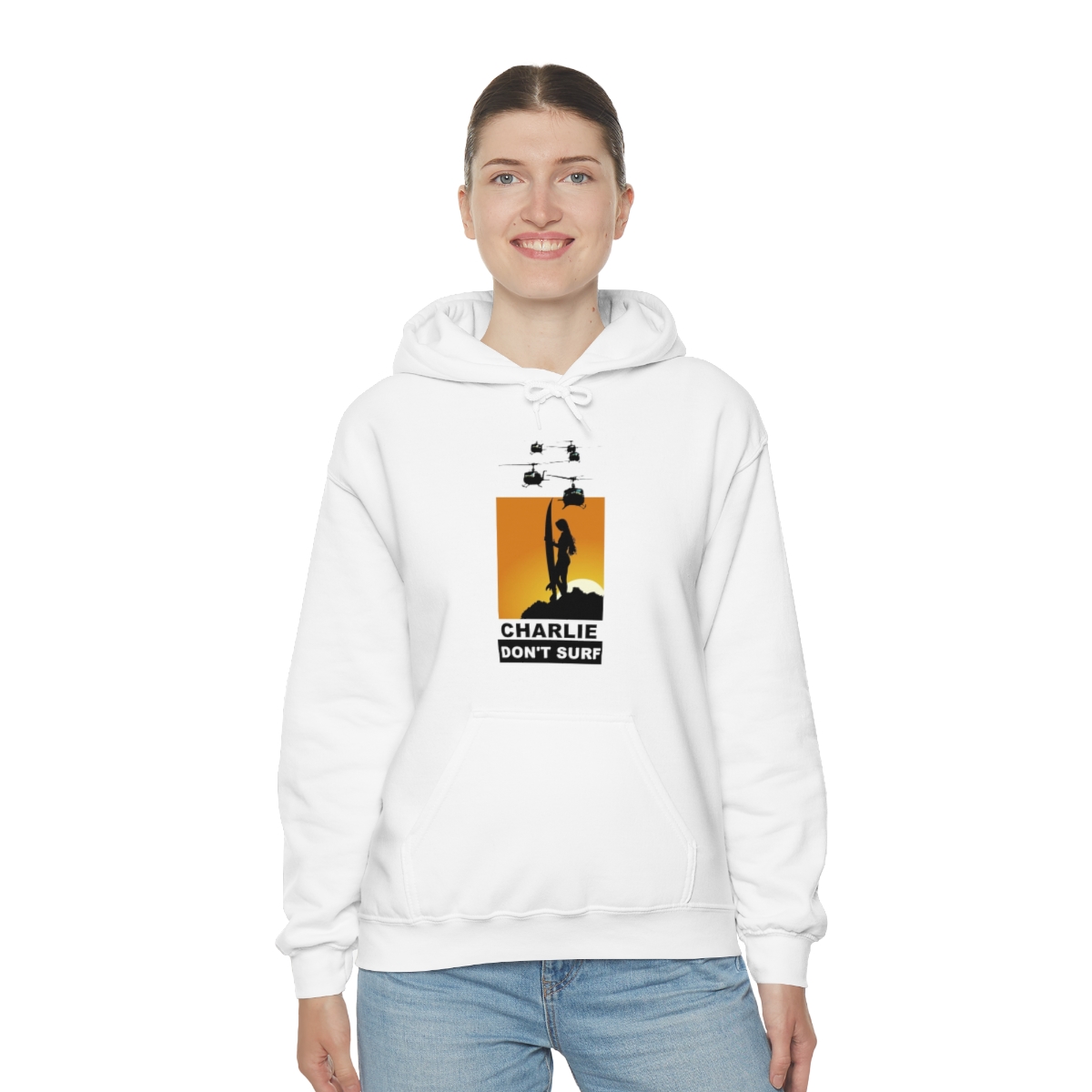 Charlie Don't Surf (Lady Surfer) Printed on a Unisex Heavy Blend™ Hooded Sweatshirt - Image 14