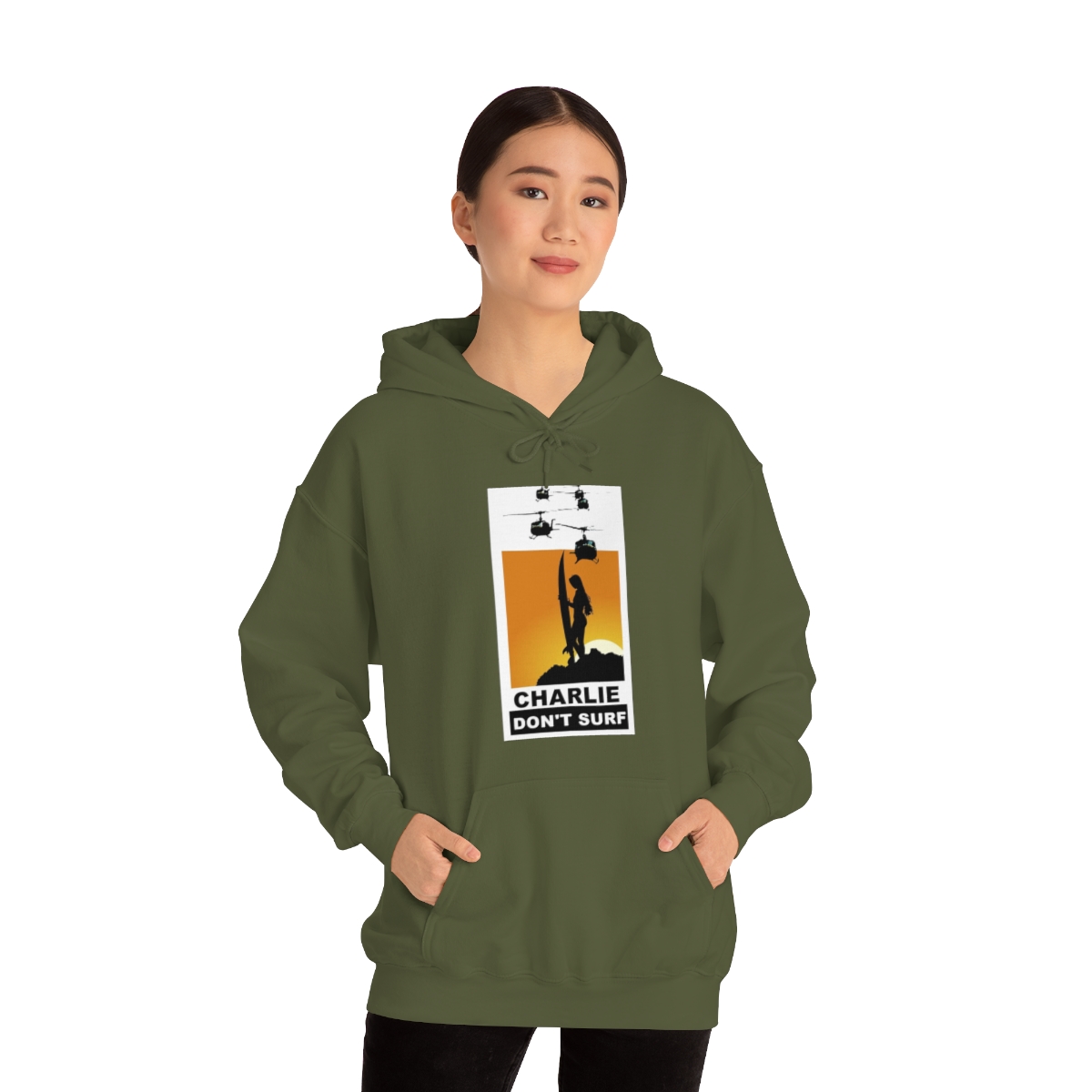Charlie Don't Surf (Lady Surfer) Printed on a Unisex Heavy Blend™ Hooded Sweatshirt - Image 21