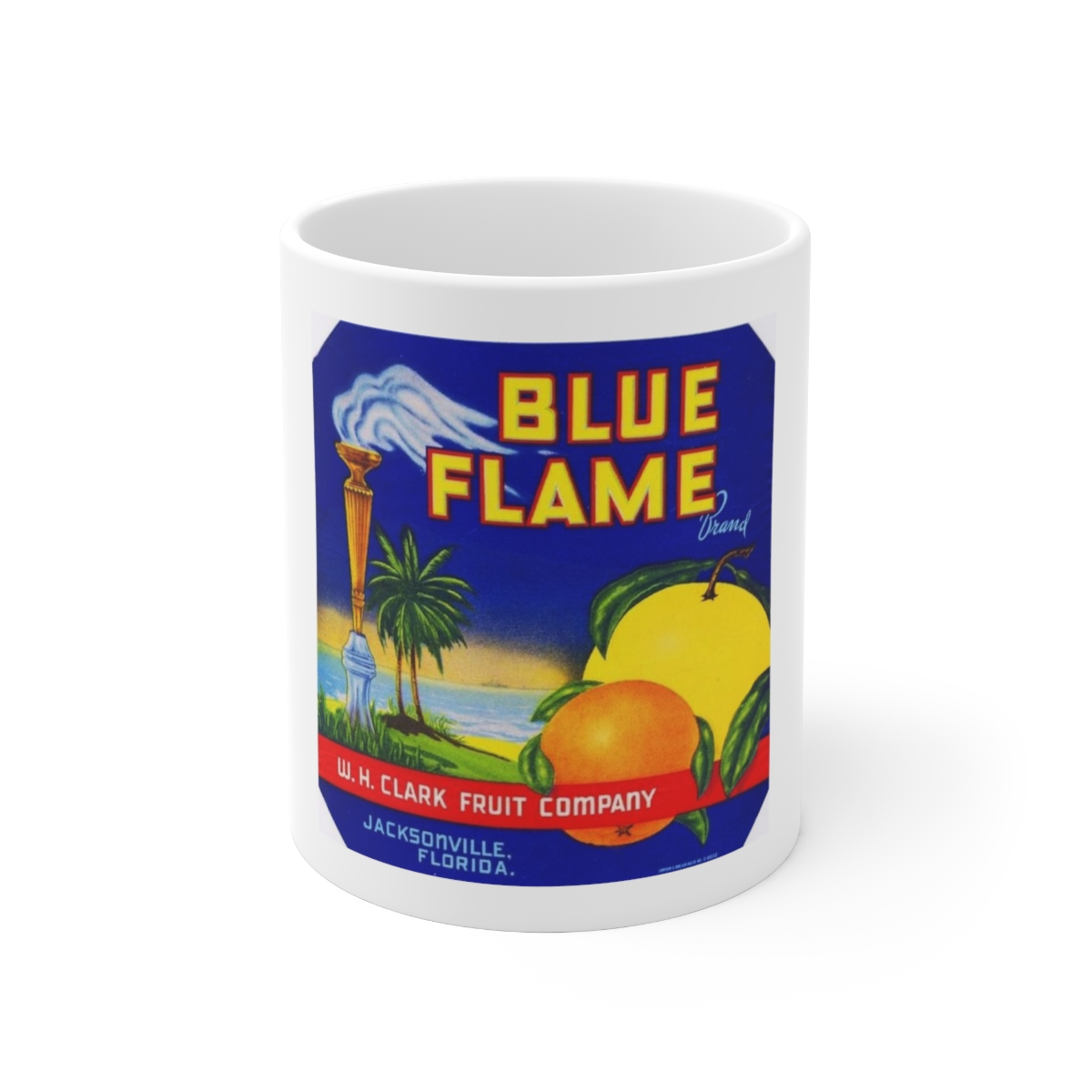 Blue Flame Brand Fruit Crate Label Printed on a Large Ceramic Mug 11oz