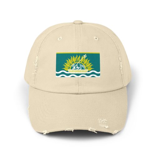 Slowjamastan Distressed Cap with Sun and Waves Design, Casual Summer Hat, Unisex Outdoor Accessory, Beach Day Gift, Trendy Headwear